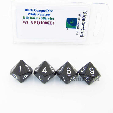 WCXPQ1008E4 Black Opaque Dice White Numbers D10 Aprox 16mm (5/8in) Pack of 4 (ONLINE ORDER ONLY)