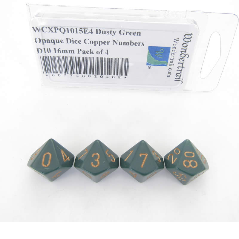 WCXPQ1015E4 Dusty Green Opaque Dice Copper Numbers D10 16mm Pack of 4 (ONLINE ORDER ONLY)