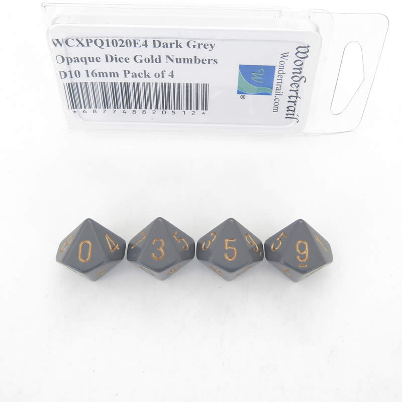 WCXPQ1020E4 Dark Grey Opaque Dice Gold Numbers D10 16mm Pack of 4 (ONLINE ORDER ONLY)