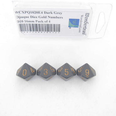 WCXPQ1020E4 Dark Grey Opaque Dice Gold Numbers D10 16mm Pack of 4 (ONLINE ORDER ONLY)