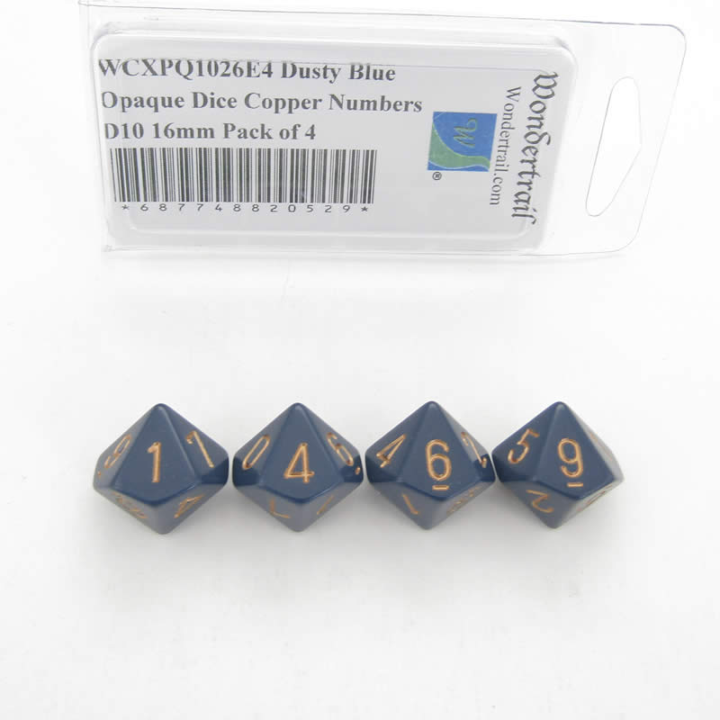 WCXPQ1026E4 Dusty Blue Opaque Dice Copper Numbers D10 16mm Pack of 4 (ONLINE ORDER ONLY)