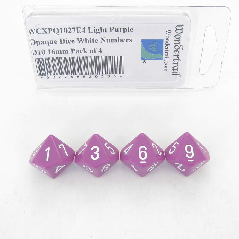 WCXPQ1027E4 Light Purple Opaque Dice White Numbers D10 16mm Pack of 4 (ONLINE ORDER ONLY)