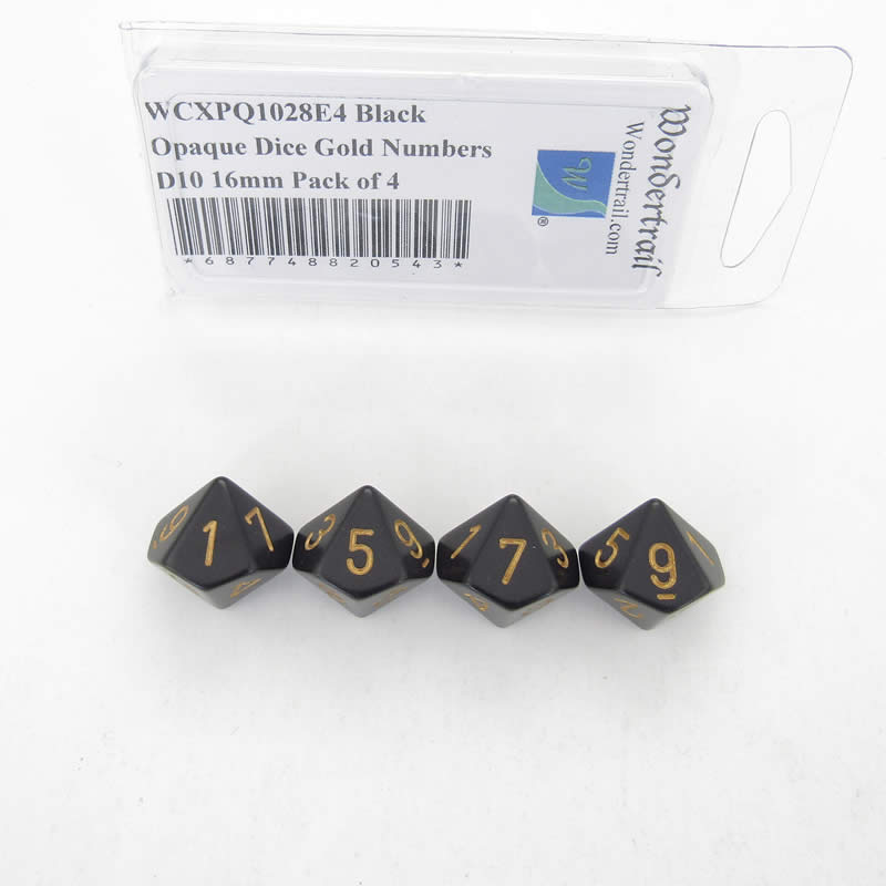 WCXPQ1028E4 Black Opaque Dice Gold Numbers D10 16mm Pack of 4 (ONLINE ORDER ONLY)