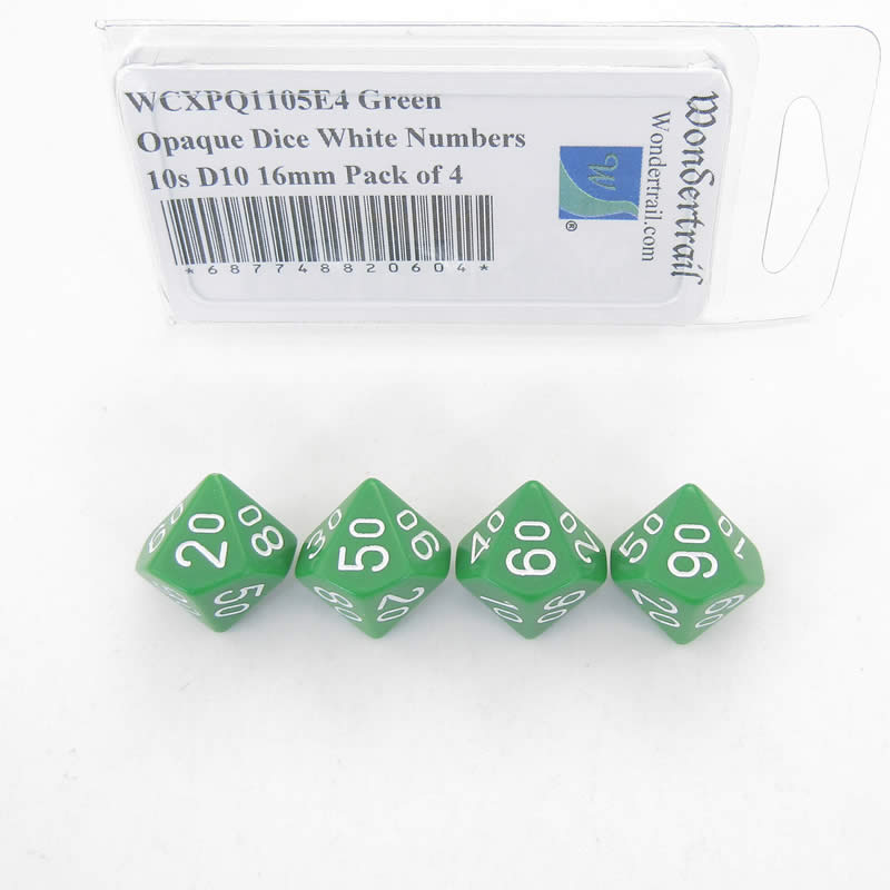 WCXPQ1105E4 Green Opaque Dice White Numbers 10s D10 16mm Pack of 4 (ONLINE ORDER ONLY)