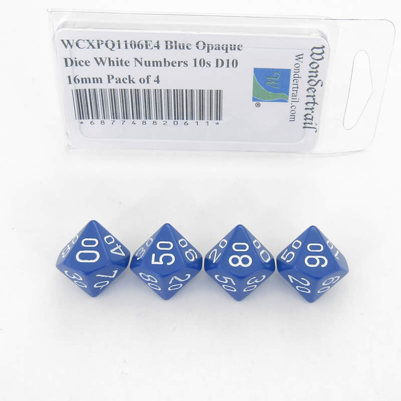 WCXPQ1106E4 Blue Opaque Dice White Numbers 10s D10 16mm Pack of 4 (ONLINE ORDER ONLY)