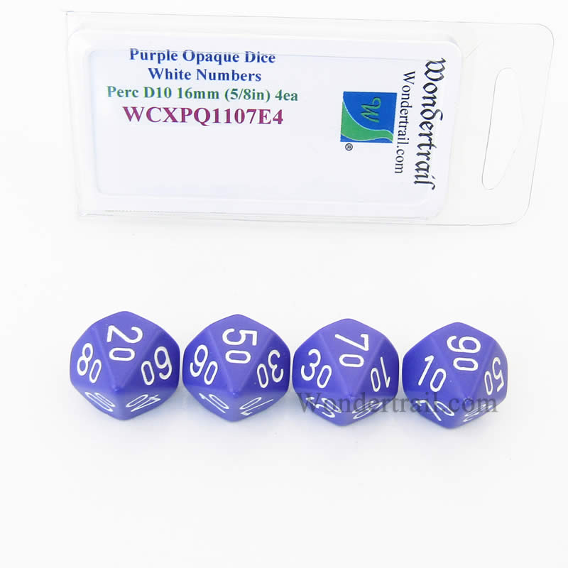 WCXPQ1107E4 Purple Opaque Dice White Numbers 10s D10 16mm Pack of 4 (ONLINE ORDER ONLY)