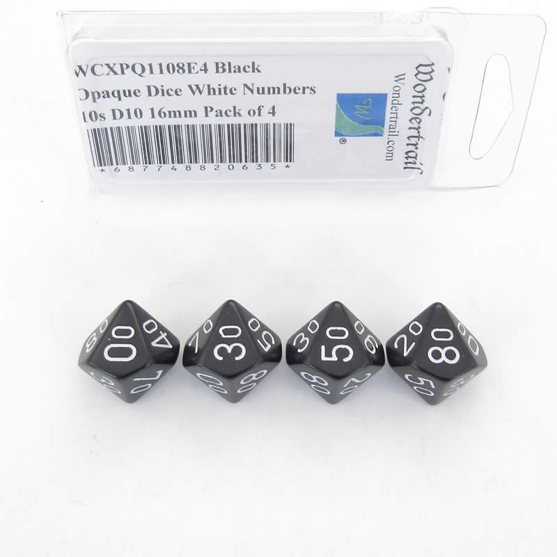 WCXPQ1108E4 Black Opaque Dice White Numbers 10s D10 16mm Pack of 4 (ONLINE ORDER ONLY)