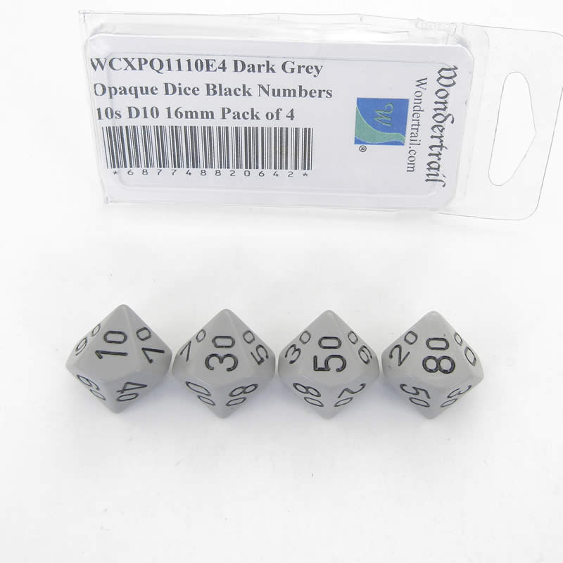 WCXPQ1110E4 Dark Grey Opaque Dice Black Numbers 10s D10 16mm Pack of 4 (ONLINE ORDER ONLY)