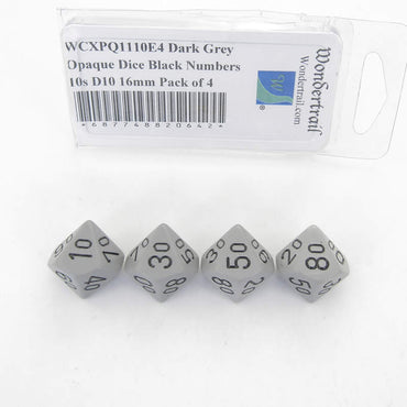 WCXPQ1110E4 Dark Grey Opaque Dice Black Numbers 10s D10 16mm Pack of 4 (ONLINE ORDER ONLY)