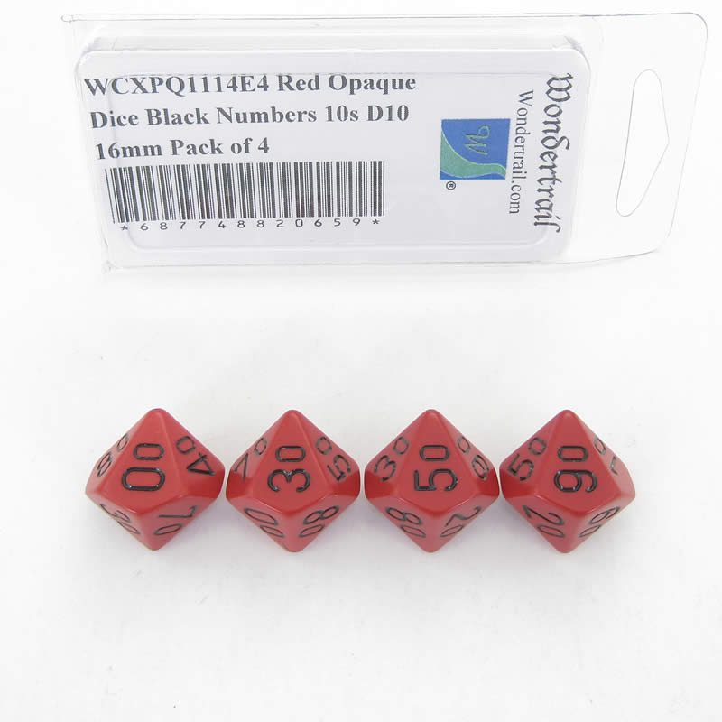 WCXPQ1114E4 Red Opaque Dice Black Numbers 10s D10 16mm Pack of 4 (ONLINE ORDER ONLY)