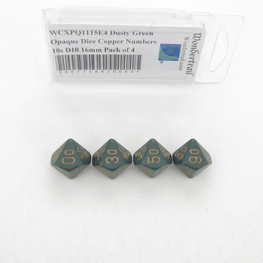 WCXPQ1115E4 Dusty Green Opaque Dice Copper Numbers 10s D10 16mm Pack of 4 (ONLINE ORDER ONLY)
