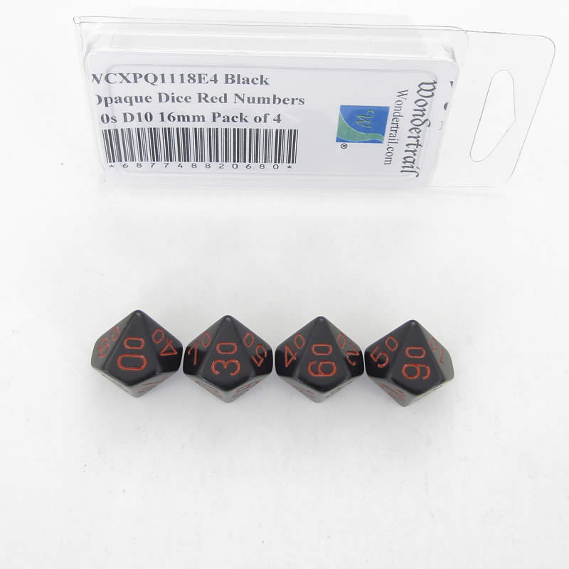 WCXPQ1118E4 Black Opaque Dice Red Numbers 10s D10 16mm Pack of 4 (ONLINE ORDER ONLY)
