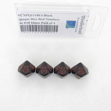 WCXPQ1118E4 Black Opaque Dice Red Numbers 10s D10 16mm Pack of 4 (ONLINE ORDER ONLY)