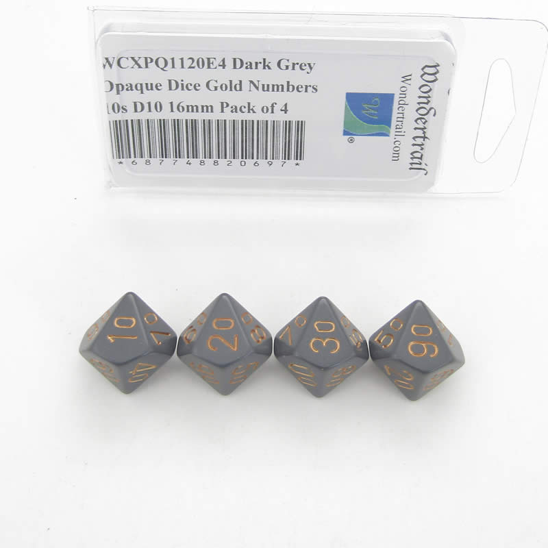 WCXPQ1120E4 Dark Grey Opaque Dice Gold Numbers 10s D10 16mm Pack of 4 (ONLINE ORDER ONLY)