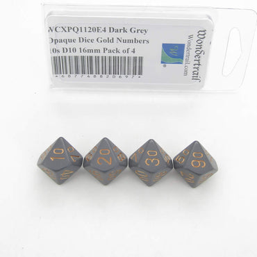 WCXPQ1120E4 Dark Grey Opaque Dice Gold Numbers 10s D10 16mm Pack of 4 (ONLINE ORDER ONLY)