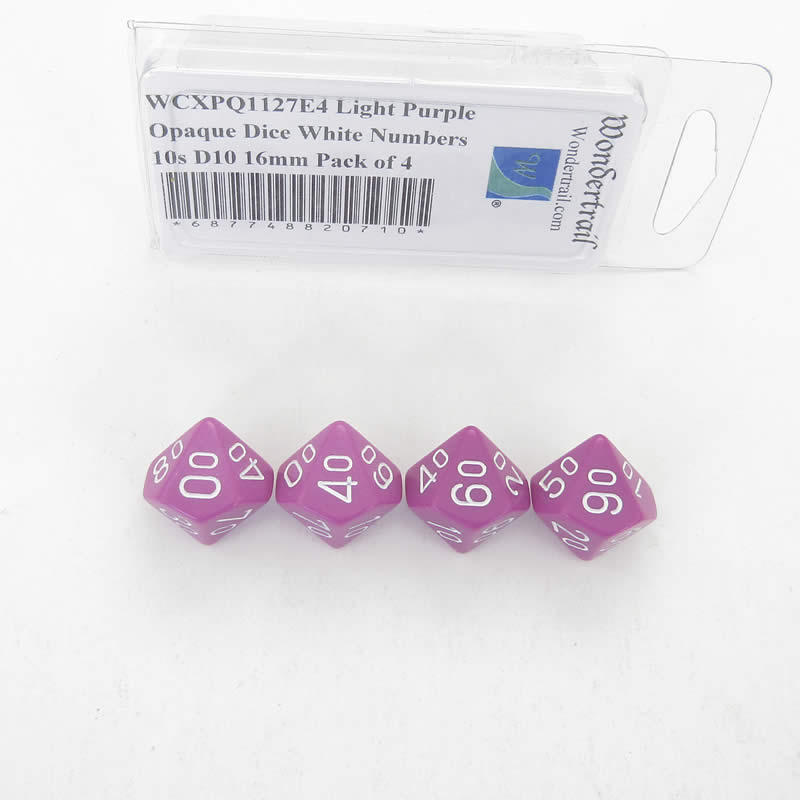 WCXPQ1127E4 Light Purple Opaque Dice White Numbers 10s D10 16mm Pack of 4 (ONLINE ORDER ONLY)