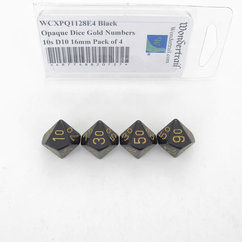 WCXPQ1128E4 Black Opaque Dice Gold Numbers 10s D10 16mm Pack of 4 (ONLINE ORDER ONLY)
