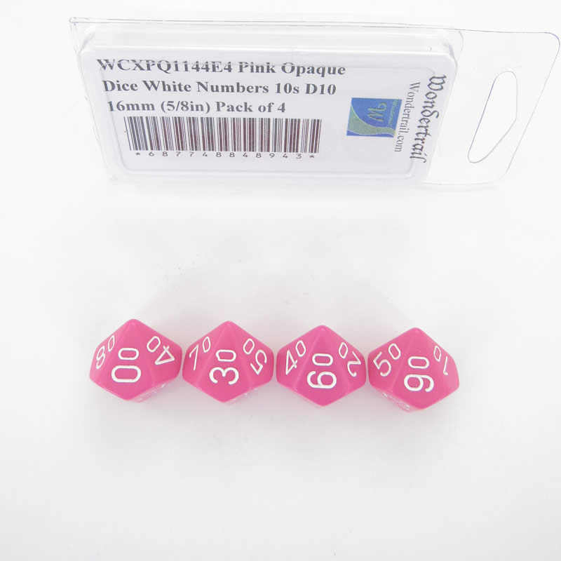 WCXPQ1144E4 Pink Opaque Dice White Numbers 10s D10 16mm (5/8in) Pack of 4 (ONLINE ORDER ONLY)