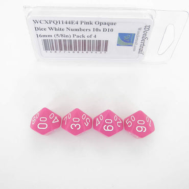 WCXPQ1144E4 Pink Opaque Dice White Numbers 10s D10 16mm (5/8in) Pack of 4 (ONLINE ORDER ONLY)