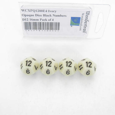 WCXPQ1200E4 Ivory Opaque Dice Black Numbers D12 16mm Pack of 4 (ONLINE ORDER ONLY)