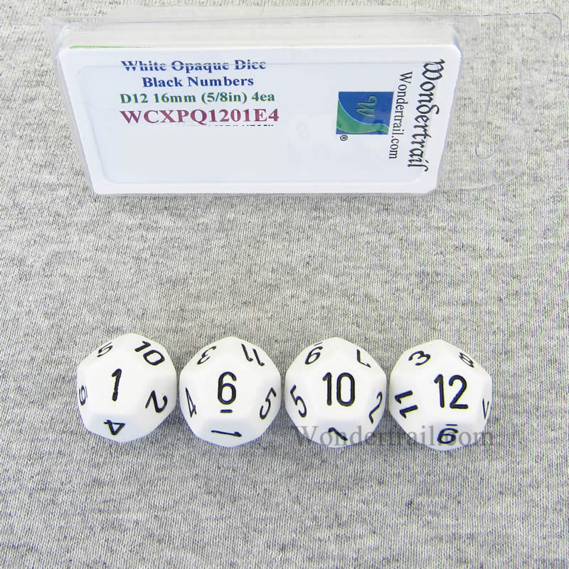 WCXPQ1201E4 White Opaque Dice Black Numbers D12 16mm Pack of 4 (ONLINE ORDER ONLY)