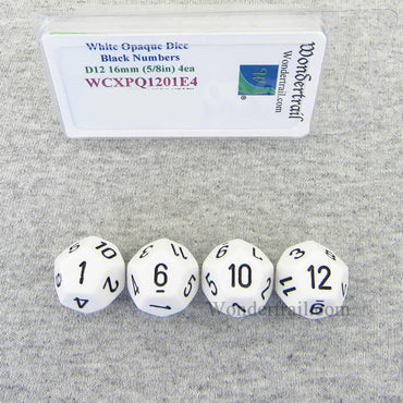 WCXPQ1201E4 White Opaque Dice Black Numbers D12 16mm Pack of 4 (ONLINE ORDER ONLY)