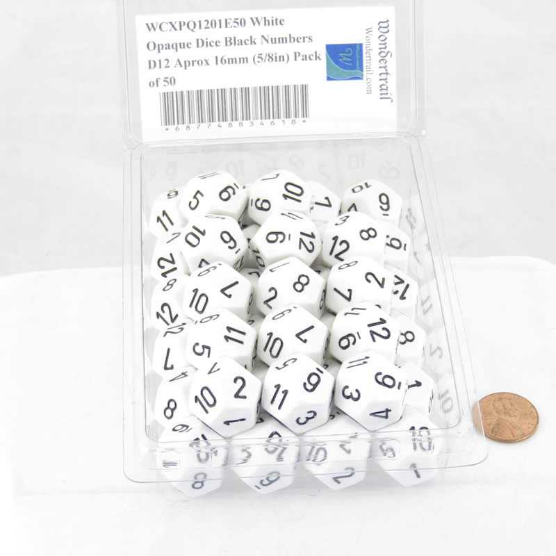 WCXPQ1201E50 White Opaque Dice Black Numbers D12 Aprox 16mm (5/8in) Pack of 50 (ONLINE ORDER ONLY)