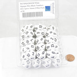 WCXPQ1201E50 White Opaque Dice Black Numbers D12 Aprox 16mm (5/8in) Pack of 50 (ONLINE ORDER ONLY)