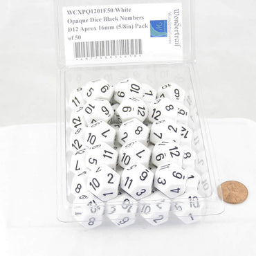 WCXPQ1201E50 White Opaque Dice Black Numbers D12 Aprox 16mm (5/8in) Pack of 50 (ONLINE ORDER ONLY)