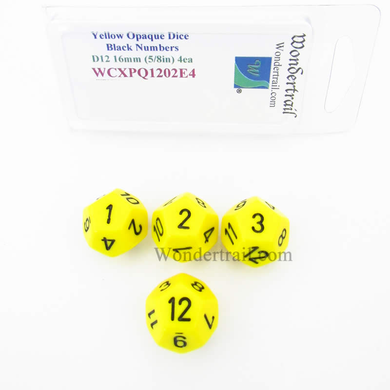 WCXPQ1202E4 Yellow Opaque Dice Black Numbers D12 16mm Pack of 4 (ONLINE ORDER ONLY)
