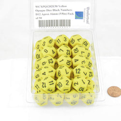 WCXPQ1202E50 Yellow Opaque Dice Black Numbers D12 Aprox 16mm (5/8in) Pack of 50 (ONLINE ORDER ONLY)