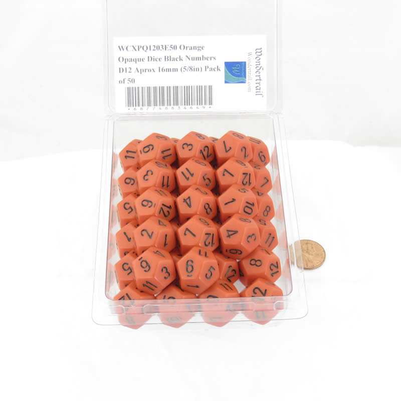 WCXPQ1203E50 Orange Opaque Dice Black Numbers D12 Aprox 16mm (5/8in) Pack of 50 (ONLINE ORDER ONLY)