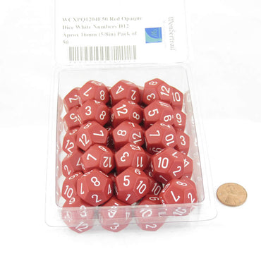 WCXPQ1204E50 Red Opaque Dice White Numbers D12 Aprox 16mm (5/8in) Pack of 50 (ONLINE ORDER ONLY)