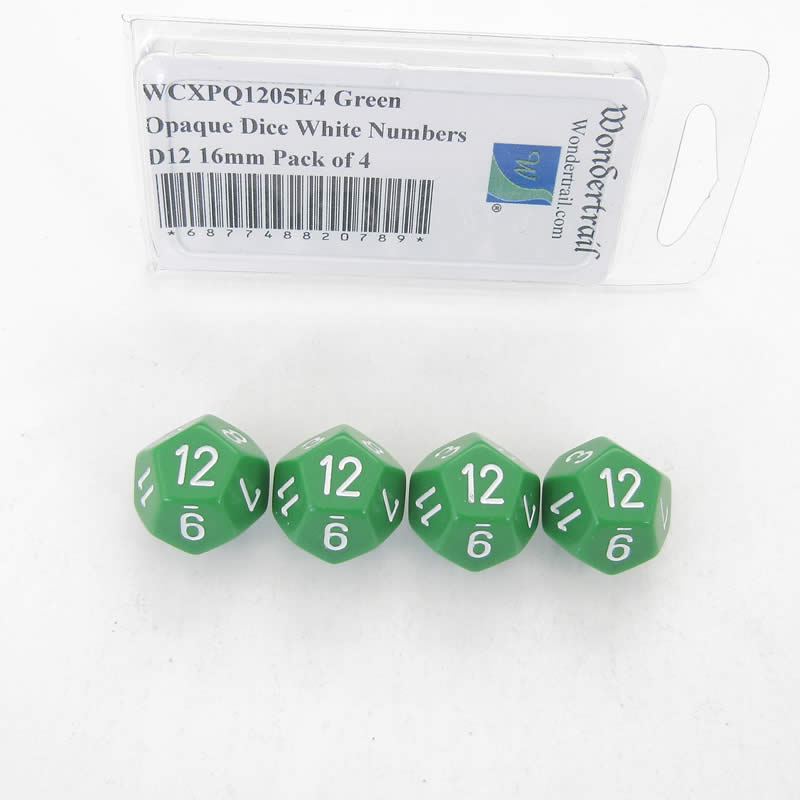 WCXPQ1205E4 Green Opaque Dice White Numbers D12 16mm Pack of 4 (ONLINE ORDER ONLY)