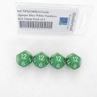WCXPQ1205E4 Green Opaque Dice White Numbers D12 16mm Pack of 4 (ONLINE ORDER ONLY)