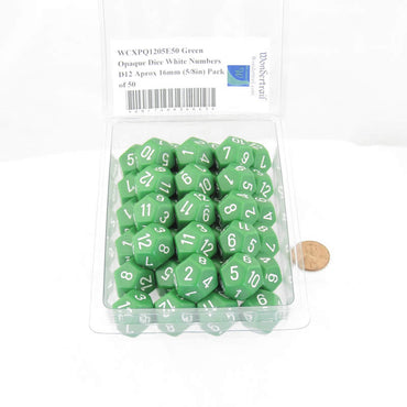 WCXPQ1205E50 Green Opaque Dice White Numbers D12 Aprox 16mm (5/8in) Pack of 50 (ONLINE ORDER ONLY)