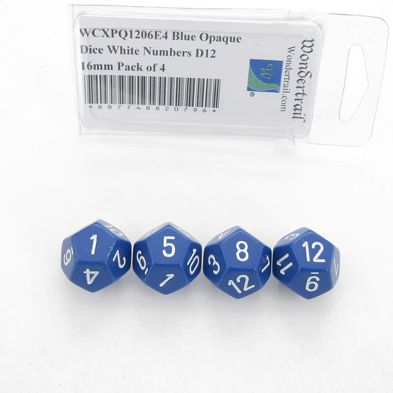 WCXPQ1206E4 Blue Opaque Dice White Numbers D12 16mm Pack of 4 (ONLINE ORDER ONLY)