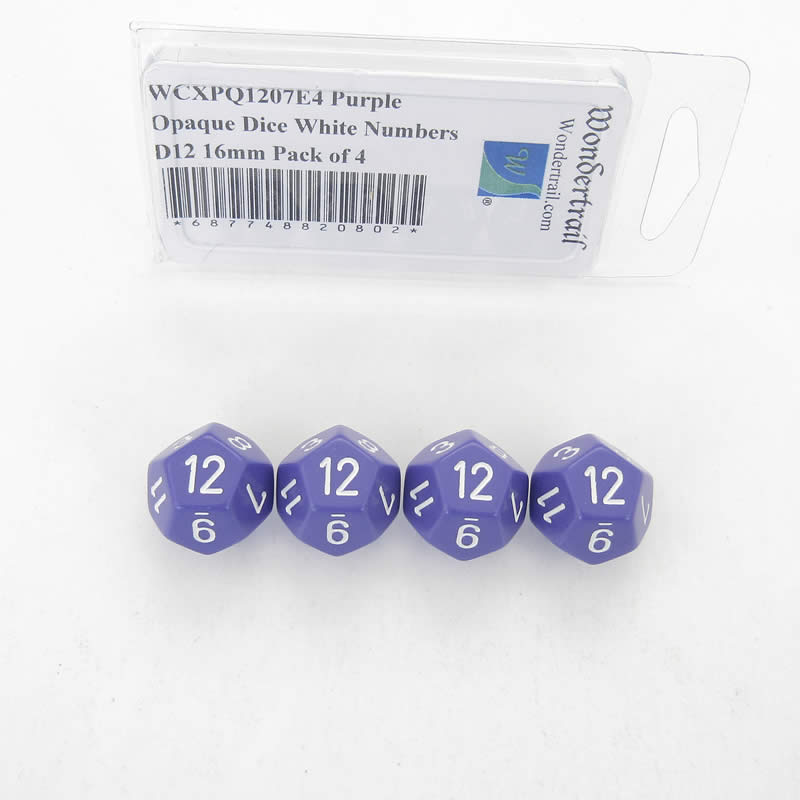 WCXPQ1207E4 Purple Opaque Dice White Numbers D12 16mm Pack of 4 (ONLINE ORDER ONLY)