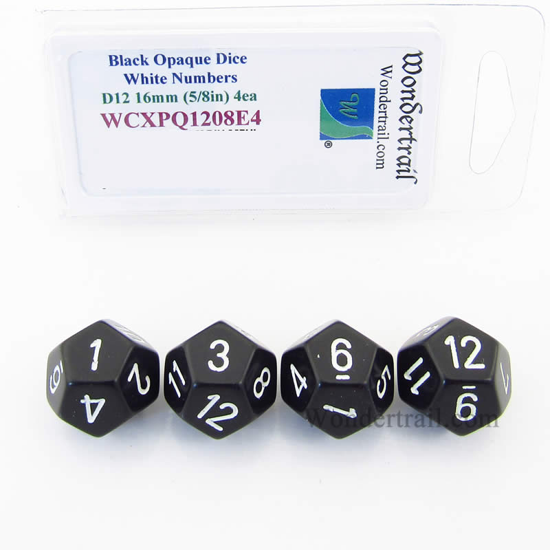WCXPQ1208E4 Black Opaque Dice White Numbers D12 16mm Pack of 4 (ONLINE ORDER ONLY)