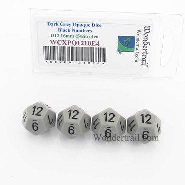 WCXPQ1210E4 Dark Grey Opaque Dice Black Numbers D12 16mm Pack of 4 (ONLINE ORDER ONLY)