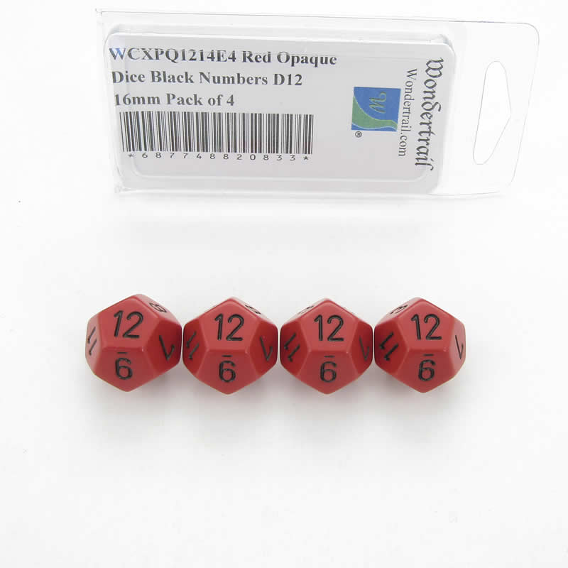 WCXPQ1214E4 Red Opaque Dice Black Numbers D12 16mm Pack of 4 (ONLINE ORDER ONLY)