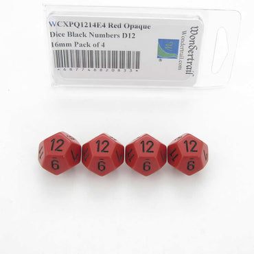 WCXPQ1214E4 Red Opaque Dice Black Numbers D12 16mm Pack of 4 (ONLINE ORDER ONLY)