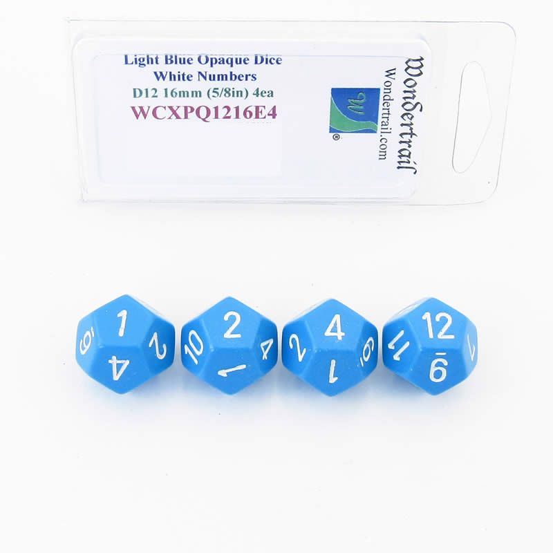 WCXPQ1216E4 Light Blue Opaque Dice White Numbers D12 16mm Pack of 4 (ONLINE ORDER ONLY)