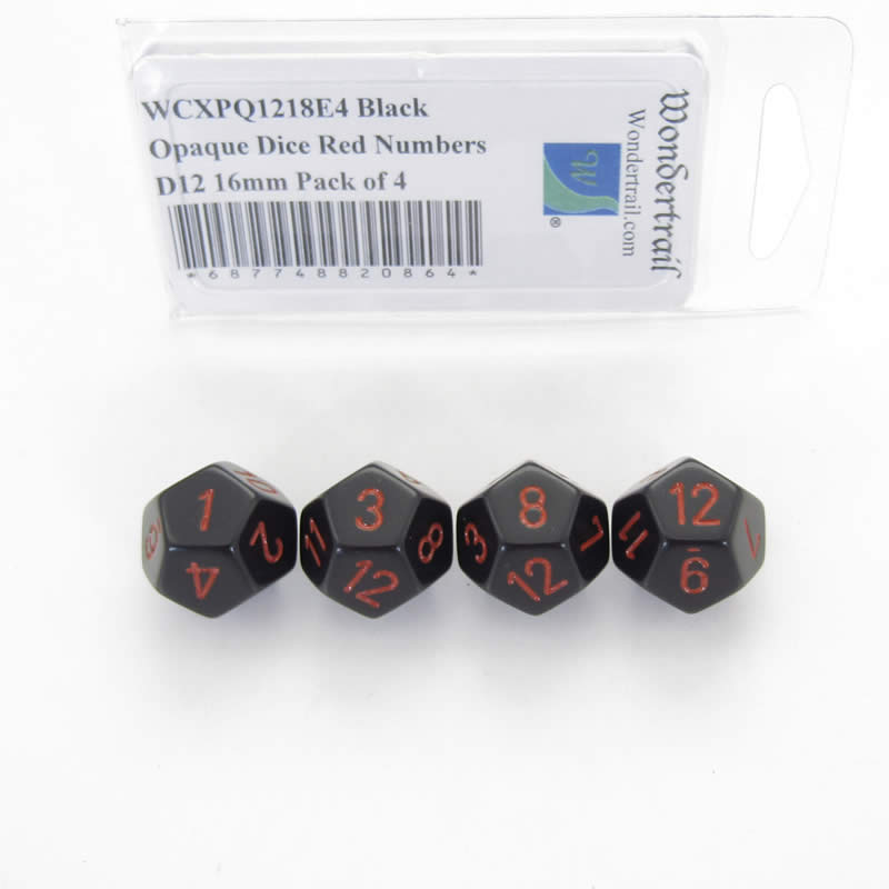 WCXPQ1218E4 Black Opaque Dice Red Numbers D12 16mm Pack of 4 (ONLINE ORDER ONLY)