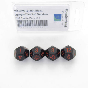 WCXPQ1218E4 Black Opaque Dice Red Numbers D12 16mm Pack of 4 (ONLINE ORDER ONLY)