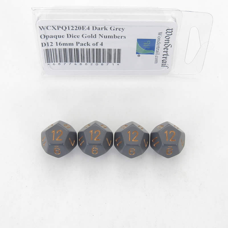 WCXPQ1220E4 Dark Grey Opaque Dice Gold Numbers D12 16mm Pack of 4 (ONLINE ORDER ONLY)