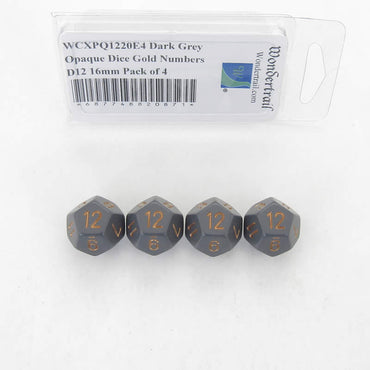 WCXPQ1220E4 Dark Grey Opaque Dice Gold Numbers D12 16mm Pack of 4 (ONLINE ORDER ONLY)