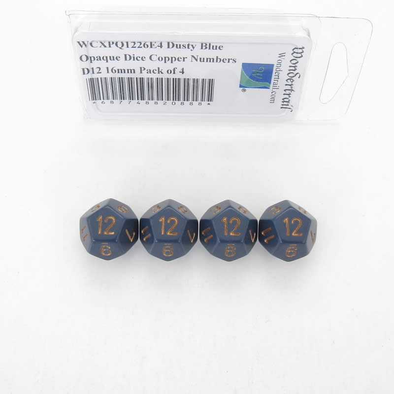 WCXPQ1226E4 Dusty Blue Opaque Dice Copper Numbers D12 16mm Pack of 4 (ONLINE ORDER ONLY)