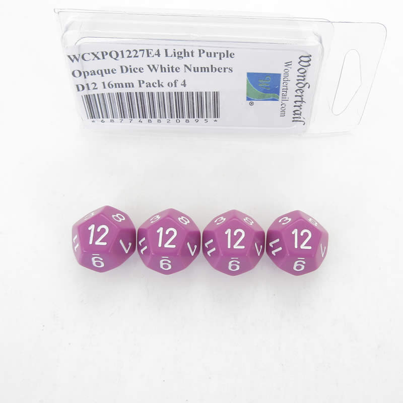 WCXPQ1227E4 Light Purple Opaque Dice White Numbers D12 16mm Pack of 4 (ONLINE ORDER ONLY)