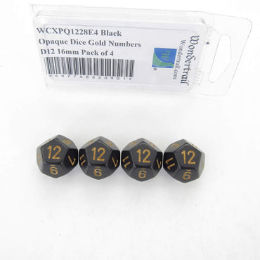 WCXPQ1228E4 Black Opaque Dice Gold Numbers D12 16mm Pack of 4 (ONLINE ORDER ONLY)